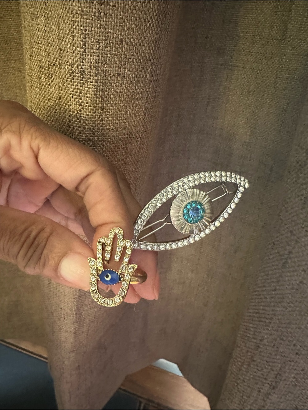 Spiritual Protection Duo: Pavé All-Seeing Eye Hair Barrette & Jeweled Hamsa Ring - Picture 6 of 6